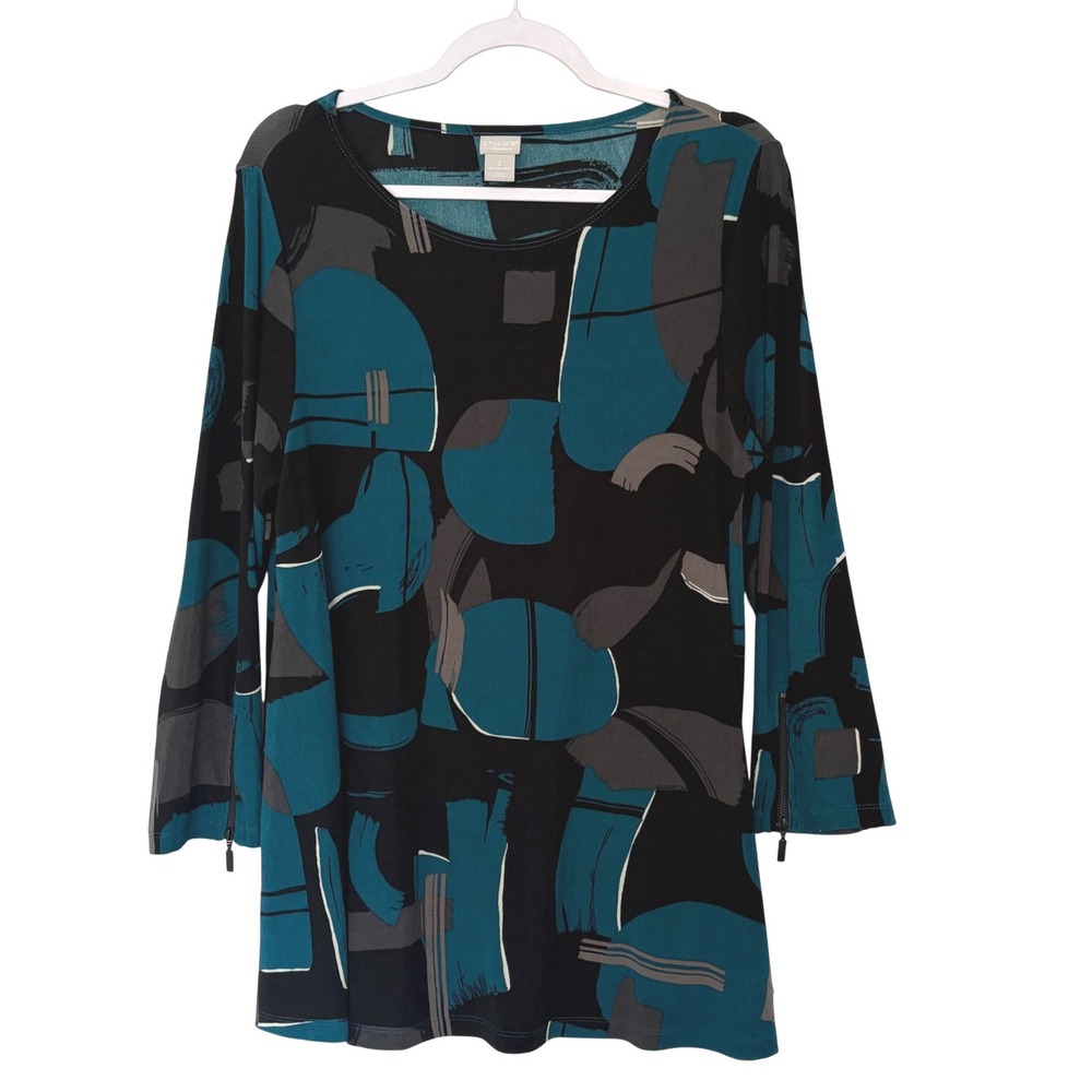 Chico's Travelers Tunic Top Size 2 Large 12/14 Teal Abstract Art Lagenlook Avant